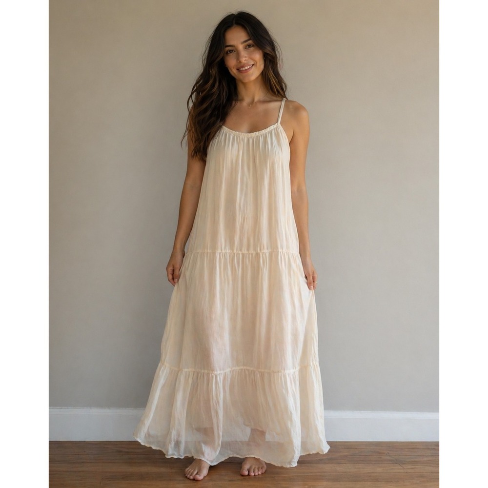 Bellambia Made in Italy Silk Blend Tiered Maxi Dress L White Boho Resort Elegant